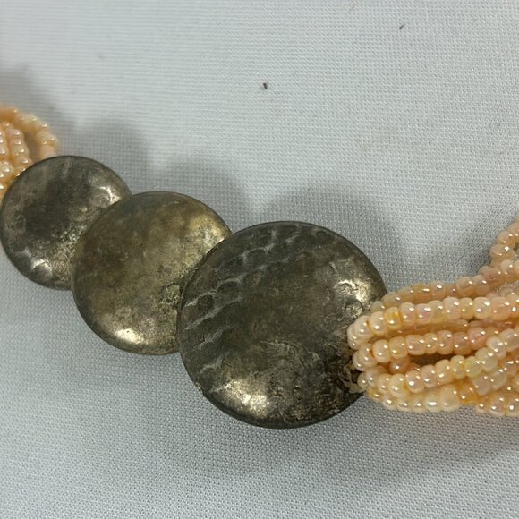 Pale Pink Seed Bead Necklace Multi Strand Silver Tone Beads Iridescent 20" Long - Picture 3 of 10